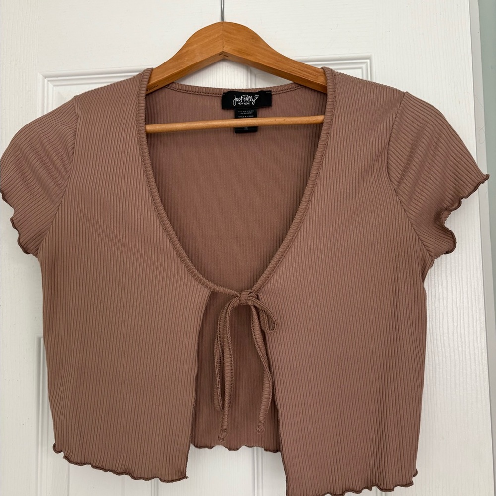 Just Polly Women's Tan Ribbed Tie-Front Crop Top